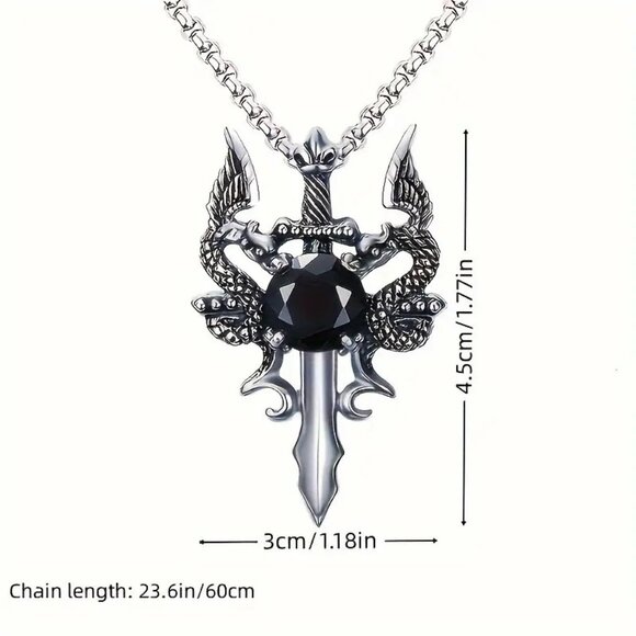 Necklace Double Dragon Sword Blood Swords Daggers Silver Chain Gemstone Y2k Goth - Picture 3 of 3